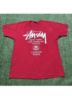 Stussy World Tour T Shirt Men's Size L Red Short Sleeve Streetwear